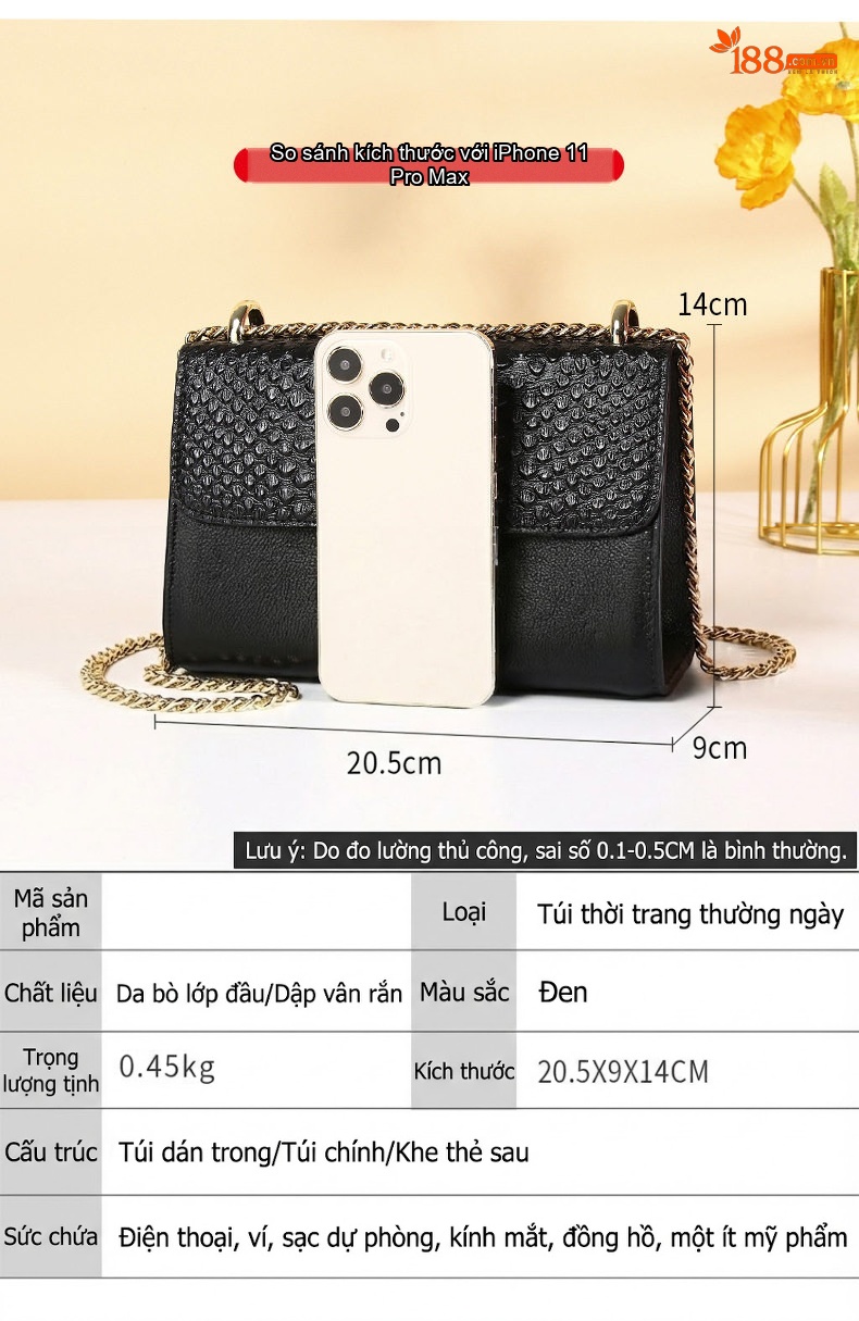 Túi Đeo Chéo Nữ Da Bò Thời Trang Mini Dây Xích Màu Đen chi tiết 20