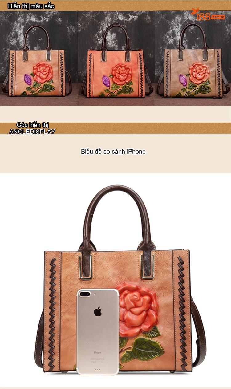 Túi Đeo Chéo Nữ Da Bò Thủ Công Khắc Hoa Hồng Phong Cách Vintage Màu Nâu chi tiết 2
