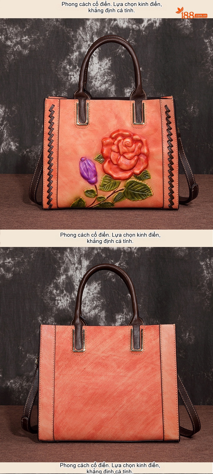 Túi Đeo Chéo Nữ Da Bò Thủ Công Khắc Hoa Hồng Phong Cách Vintage Màu Nâu chi tiết 3