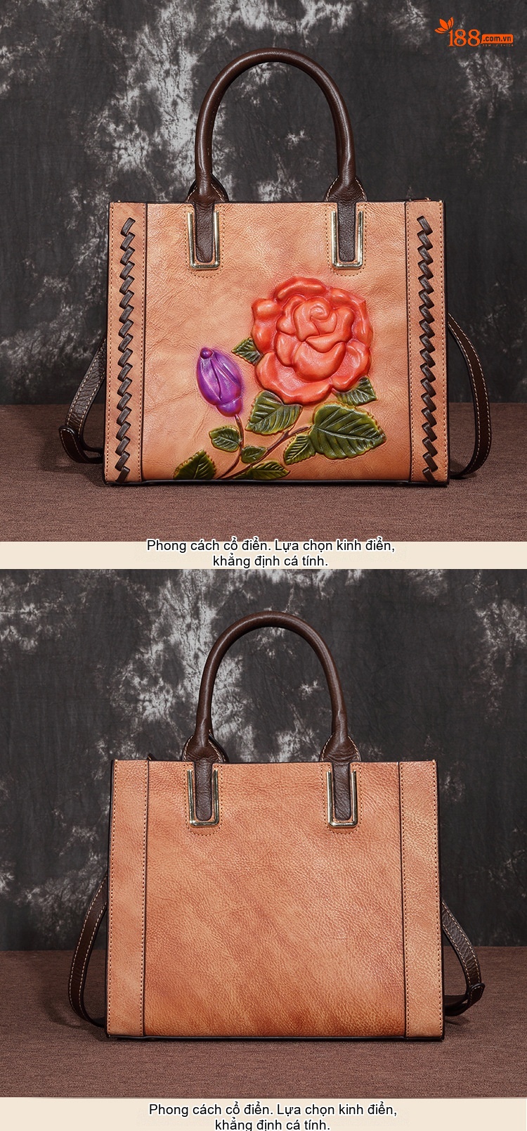 Túi Đeo Chéo Nữ Da Bò Thủ Công Khắc Hoa Hồng Phong Cách Vintage Màu Nâu chi tiết 4