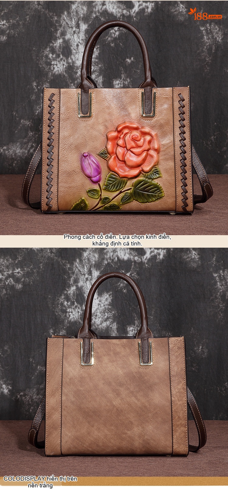 Túi Đeo Chéo Nữ Da Bò Thủ Công Khắc Hoa Hồng Phong Cách Vintage Màu Nâu chi tiết 5