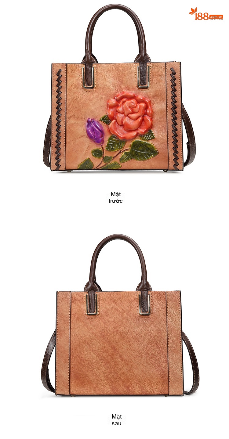 Túi Đeo Chéo Nữ Da Bò Thủ Công Khắc Hoa Hồng Phong Cách Vintage Màu Nâu chi tiết 6