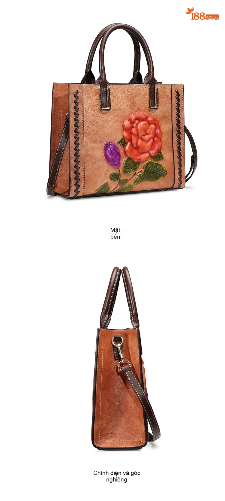 Túi Đeo Chéo Nữ Da Bò Thủ Công Khắc Hoa Hồng Phong Cách Vintage Màu Nâu chi tiết 7