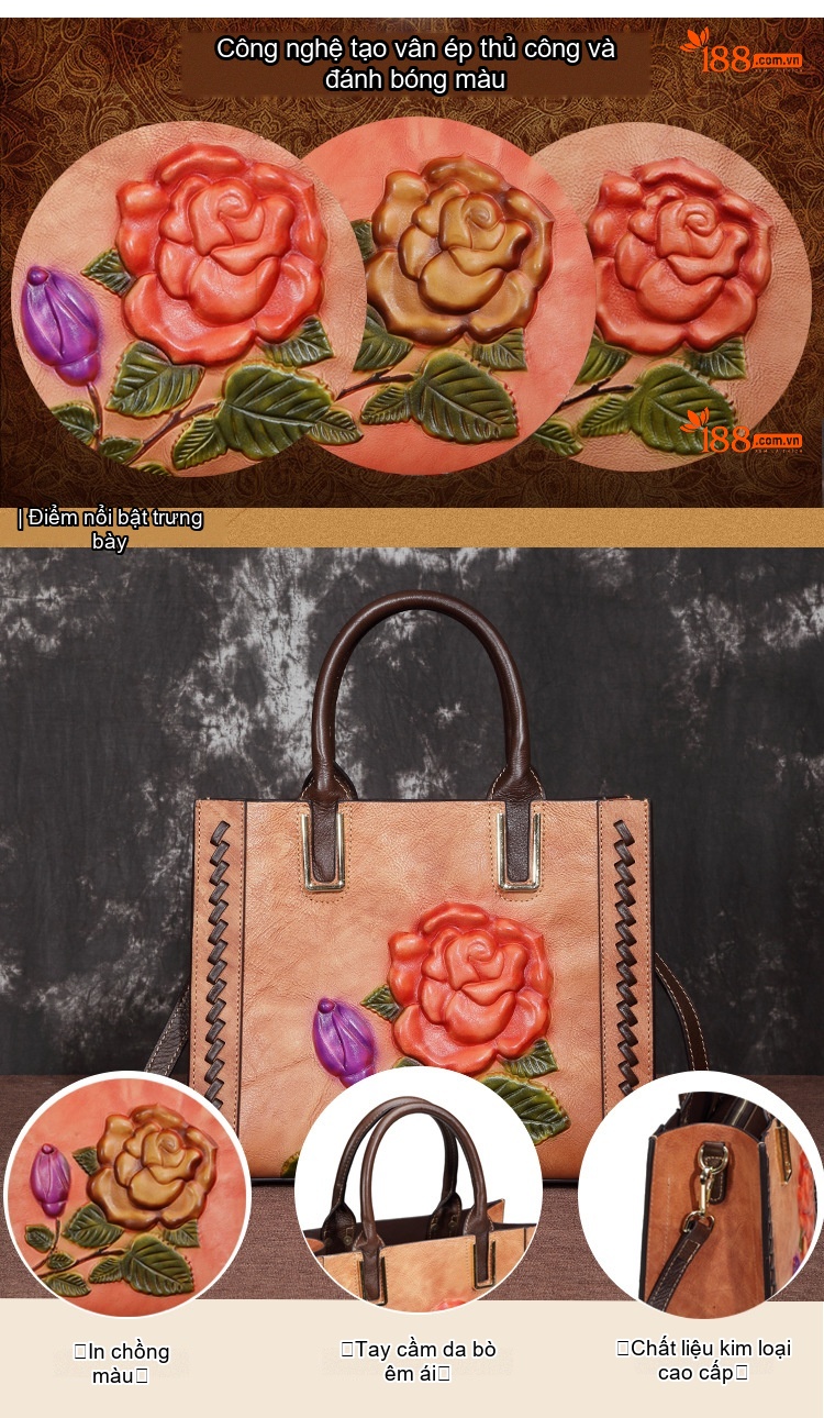 Túi Đeo Chéo Nữ Da Bò Thủ Công Khắc Hoa Hồng Phong Cách Vintage Màu Nâu chi tiết 1