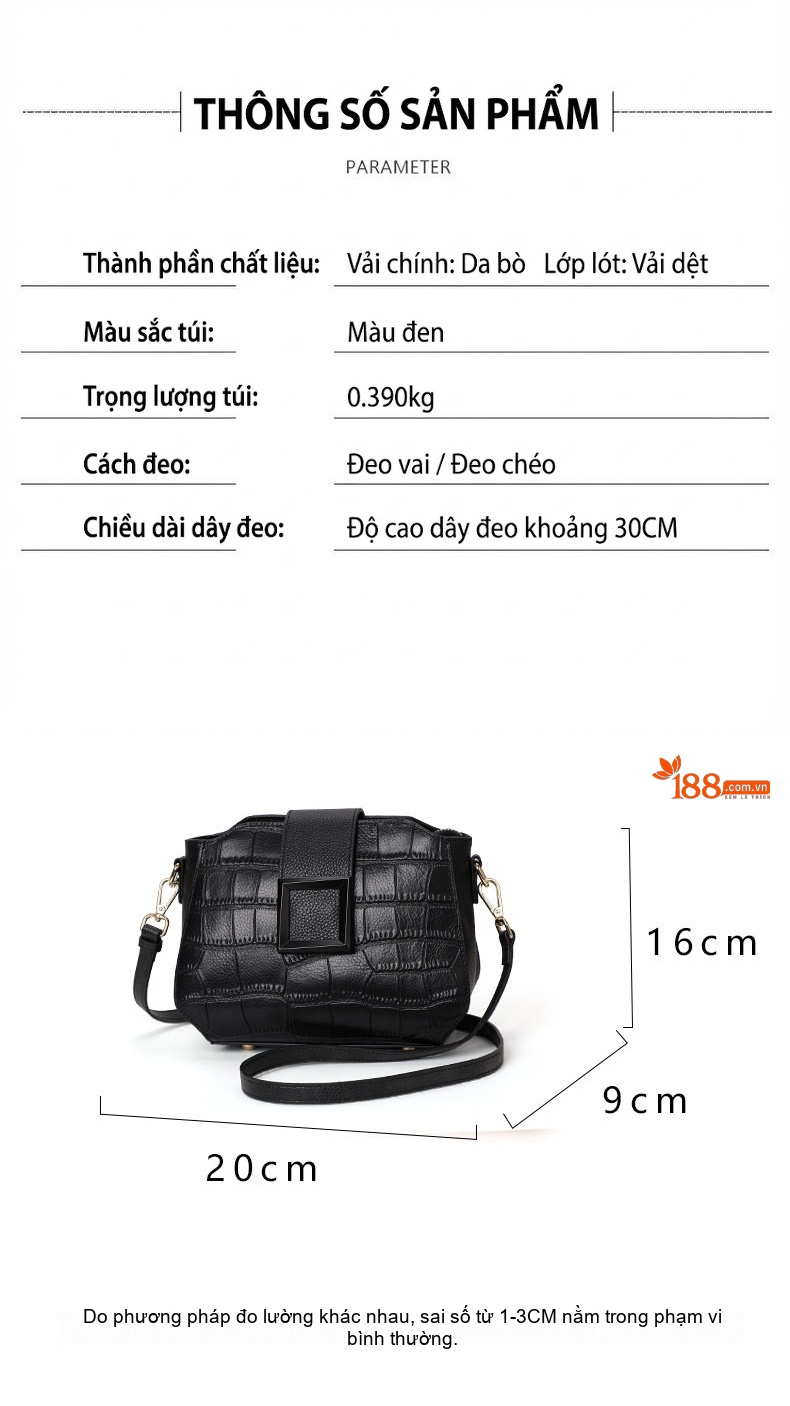 Túi Đeo Chéo Nữ Da Bò, Túi Đeo Vai Nữ Mini Màu Đen chi tiết 8