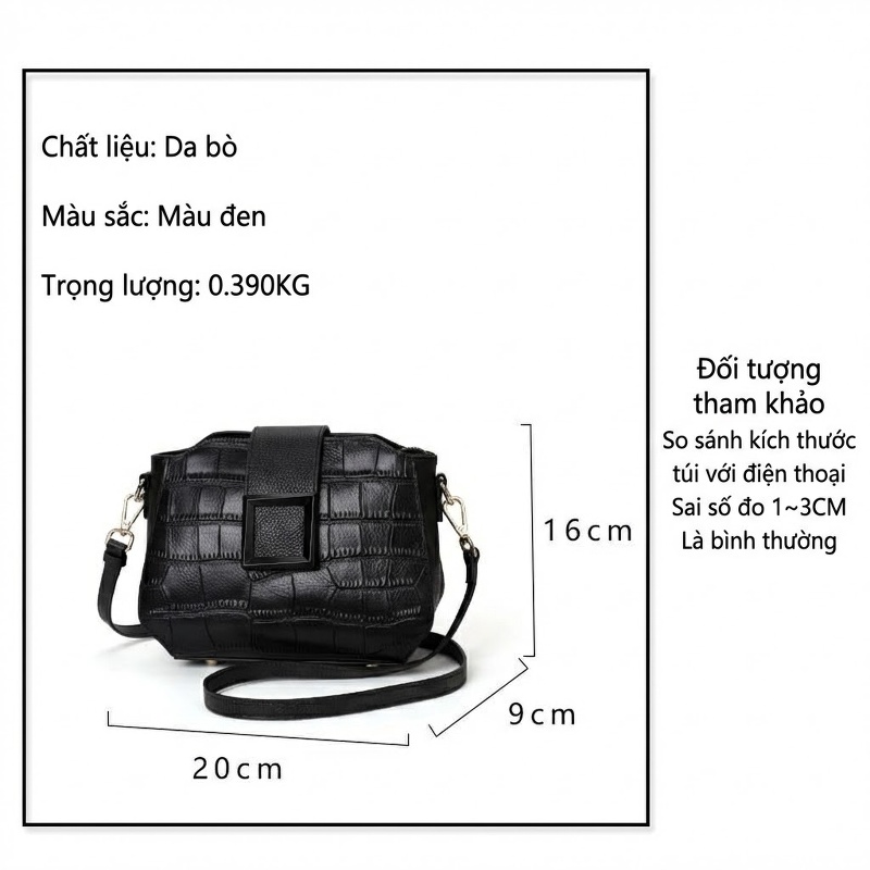 Túi Đeo Chéo Nữ Da Bò, Túi Đeo Vai Nữ Mini Màu Đen