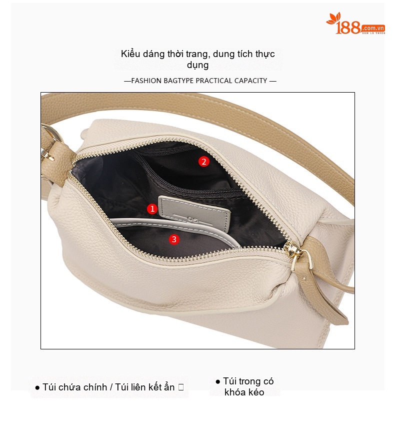 Túi Đeo Chéo Nữ Da Bò Túi Kẹp Nách Túi Đeo Vai Mini Màu Trắng Ngà chi tiết 8