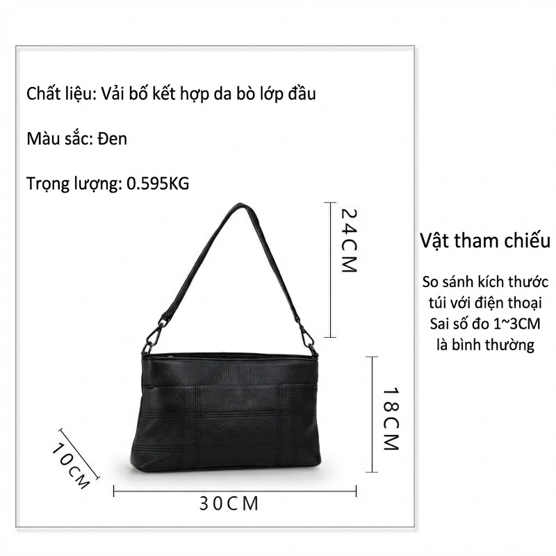 Túi Đeo Chéo Nữ Da Bò Vải Canvas Đựng Vừa Điện Thoại Màu Đen chi tiết 11
