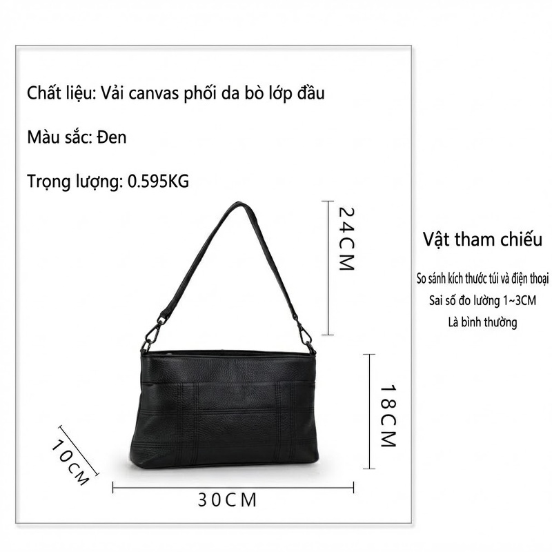 Túi Đeo Chéo Nữ Da Bò Vải Canvas Đựng Vừa Điện Thoại Màu Đen