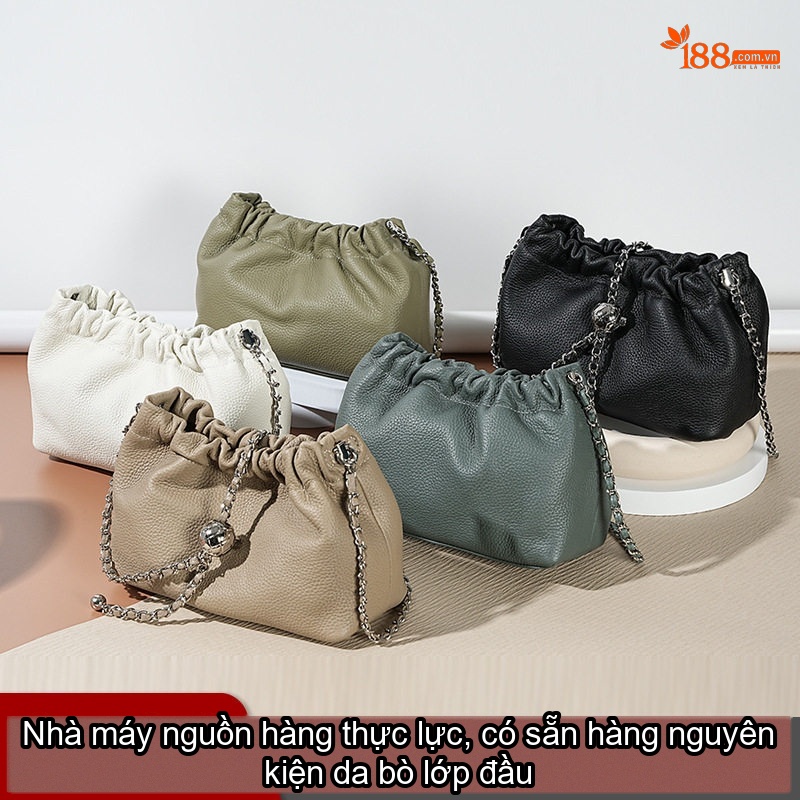 Túi Đeo Chéo Nữ Da Bò Vân Đám Mây Dây Xích Cao Cấp Màu Đen, Be, Xanh
