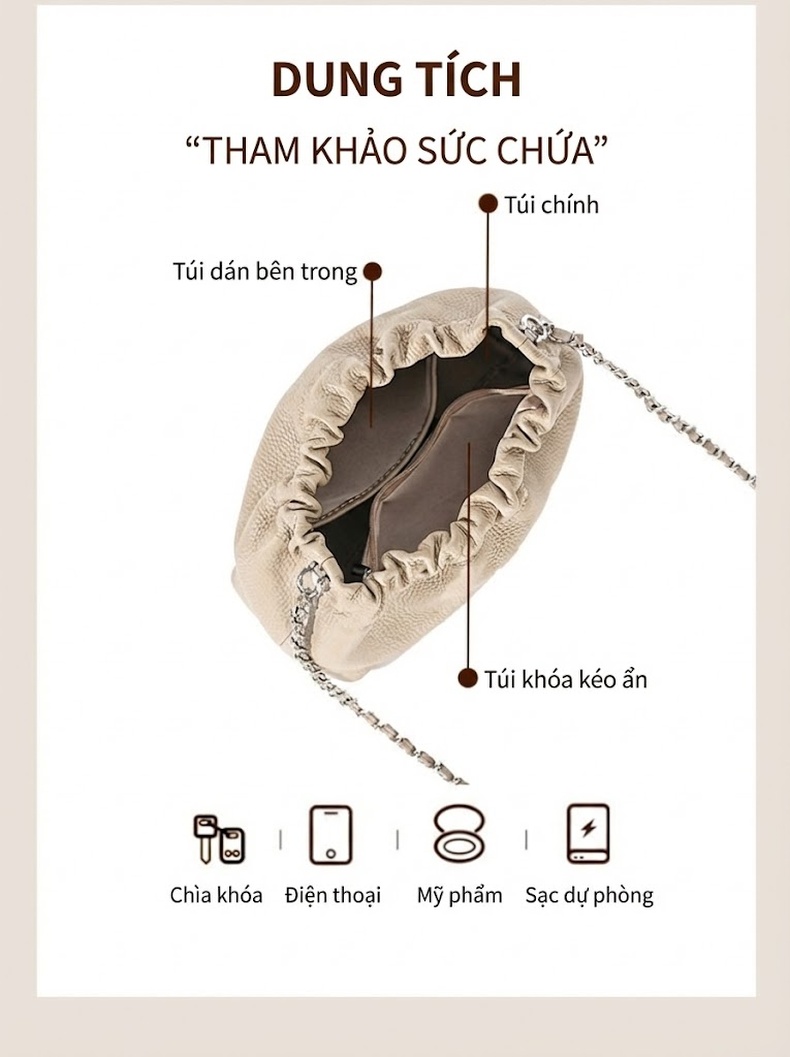 Túi Đeo Chéo Nữ Da Bò Vân Đám Mây Dây Xích Cao Cấp Màu Đen, Be, Xanh chi tiết 4