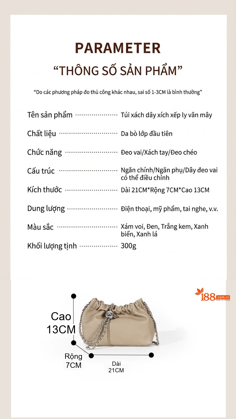 Túi Đeo Chéo Nữ Da Bò Vân Đám Mây Dây Xích Cao Cấp Màu Đen, Be, Xanh chi tiết 3