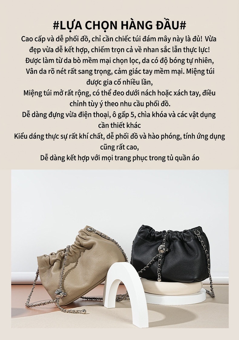 Túi Đeo Chéo Nữ Da Bò Vân Đám Mây Dây Xích Cao Cấp Màu Đen, Be, Xanh chi tiết 5