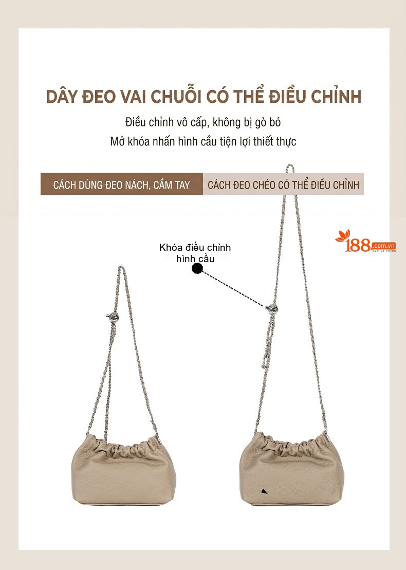 Túi Đeo Chéo Nữ Da Bò Vân Đám Mây Dây Xích Cao Cấp Màu Đen, Be, Xanh chi tiết 8