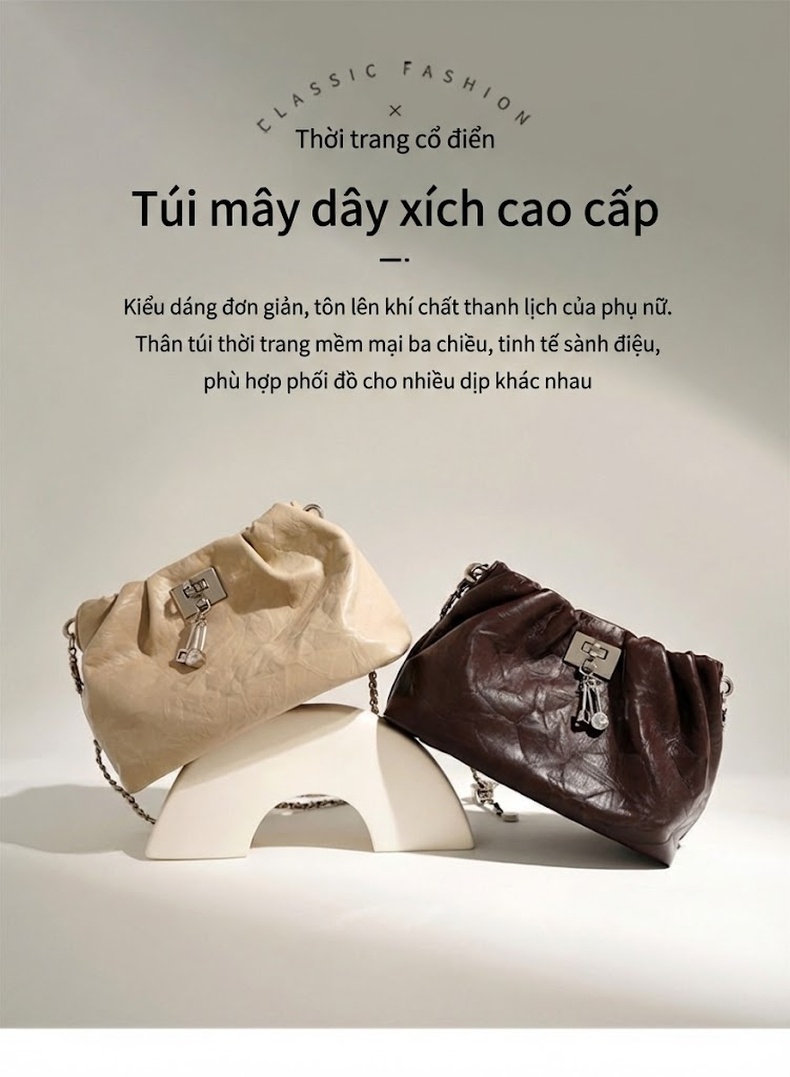 Túi Đeo Chéo Nữ Da Bò Vân Nhăn Thiết Kế Nhỏ Gọn Khóa Gài Dây Xích Màu Nâu chi tiết 2