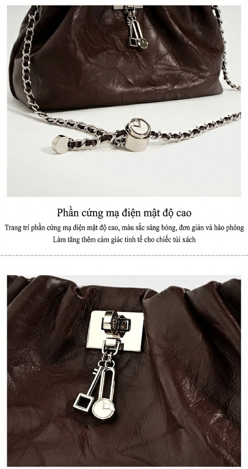 Túi Đeo Chéo Nữ Da Bò Vân Nhăn Thiết Kế Nhỏ Gọn Khóa Gài Dây Xích Màu Nâu chi tiết 8