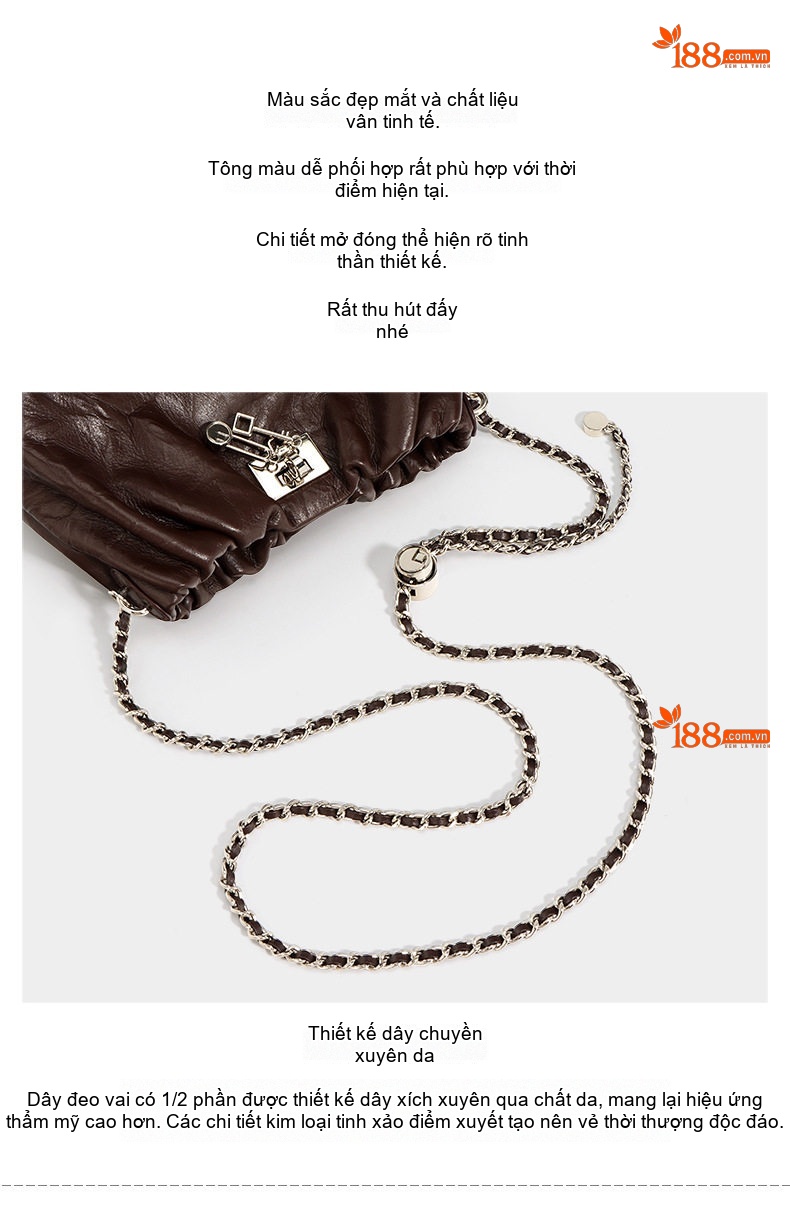 Túi Đeo Chéo Nữ Da Bò Vân Nhăn Thiết Kế Nhỏ Gọn Khóa Gài Dây Xích Màu Nâu chi tiết 7