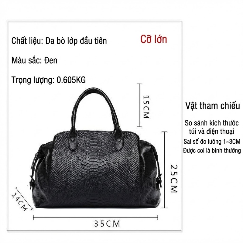 Túi Đeo Chéo Nữ Da Bò Vân Rắn Cỡ Lớn Màu Đen