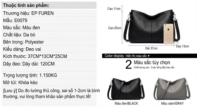 Túi Đeo Chéo Nữ Da Bò Vân Rắn Cỡ Lớn Màu Đen chi tiết 11