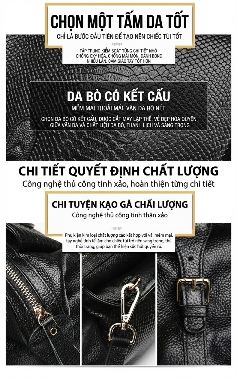 Túi Đeo Chéo Nữ Da Bò Vân Rắn Cỡ Lớn Màu Đen chi tiết 2