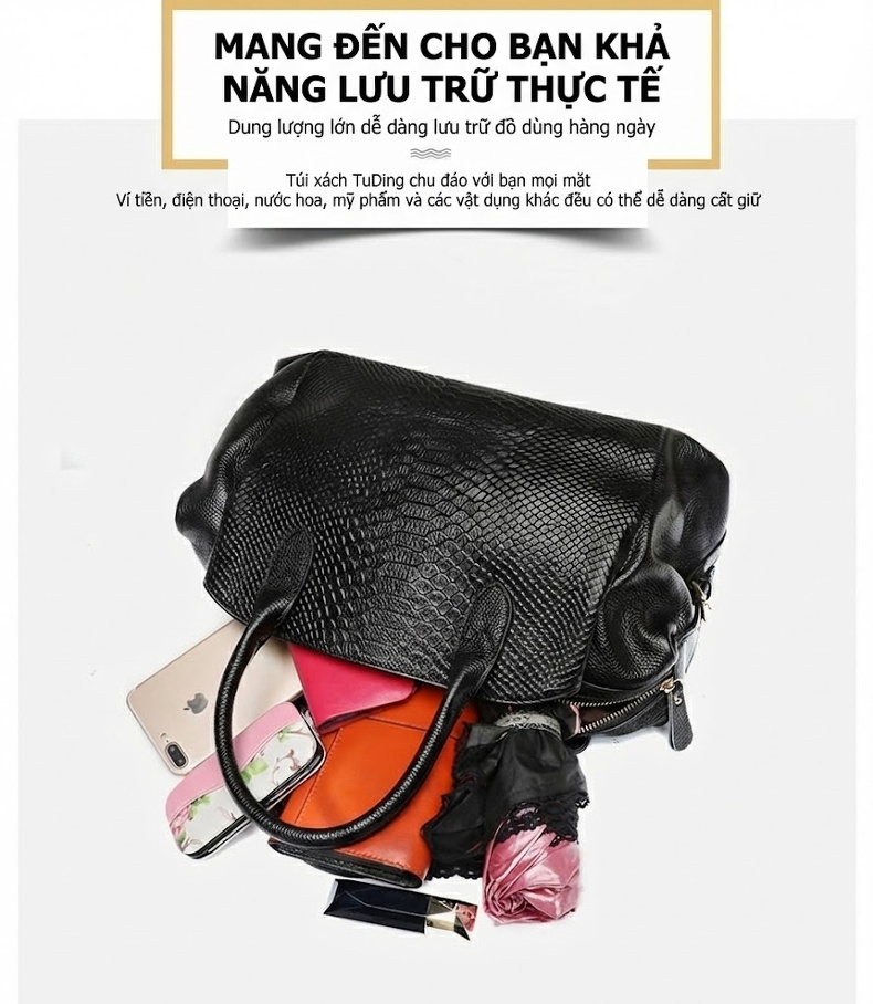 Túi Đeo Chéo Nữ Da Bò Vân Rắn Cỡ Lớn Màu Đen chi tiết 3