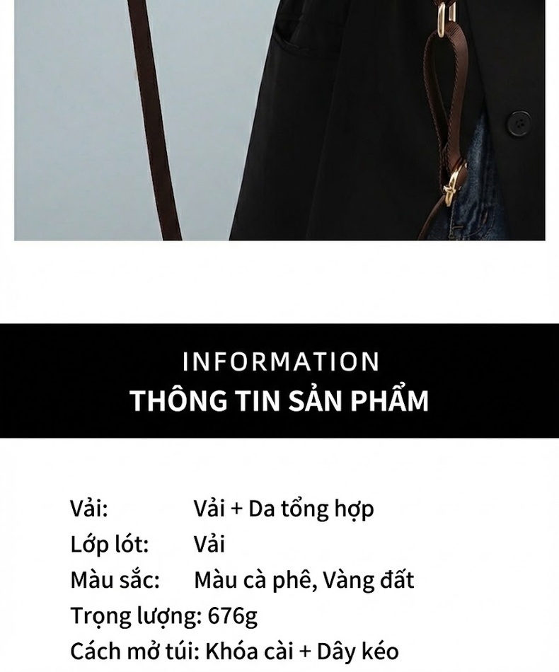 Túi Đeo Chéo Nữ Da Bóng Cao Cấp Dáng Vuông Công Sở Màu Nâu, Be chi tiết 6