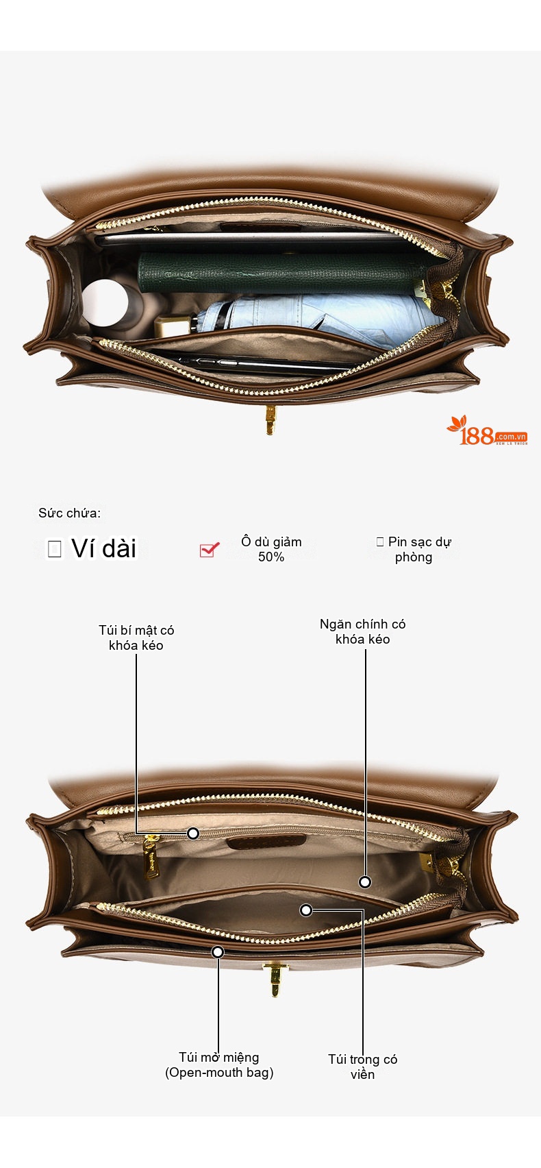 Túi Đeo Chéo Nữ Da Bóng Cao Cấp Túi Hộp Công Sở Túi Đeo Vai Nữ Màu Nâu chi tiết 3