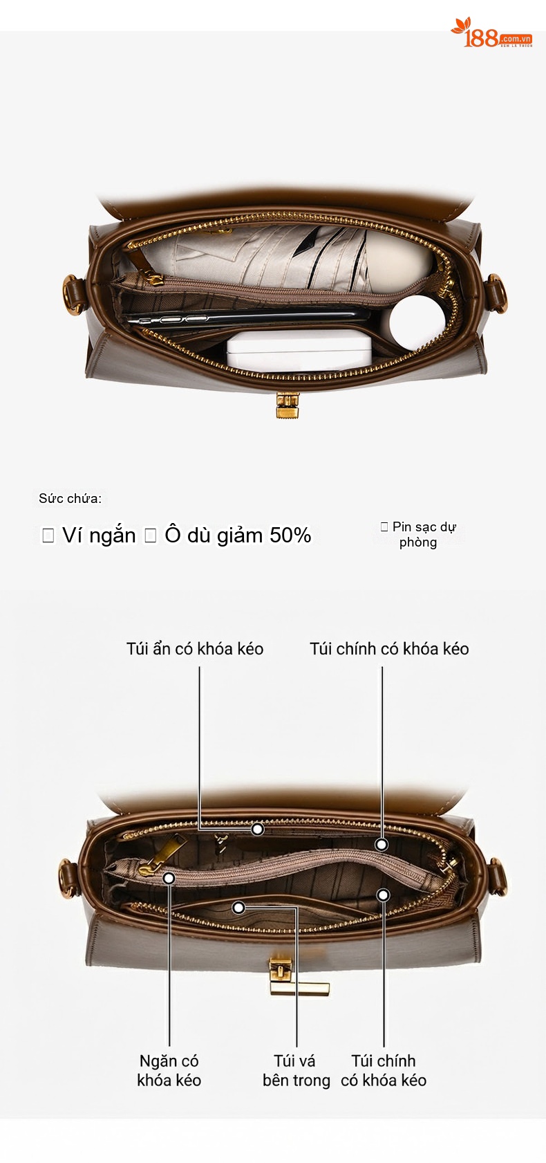 Túi Đeo Chéo Nữ Da Bóng Cao Cấp Túi Xách Tay Đeo Vai Màu Nâu, Trắng, Đen chi tiết 3