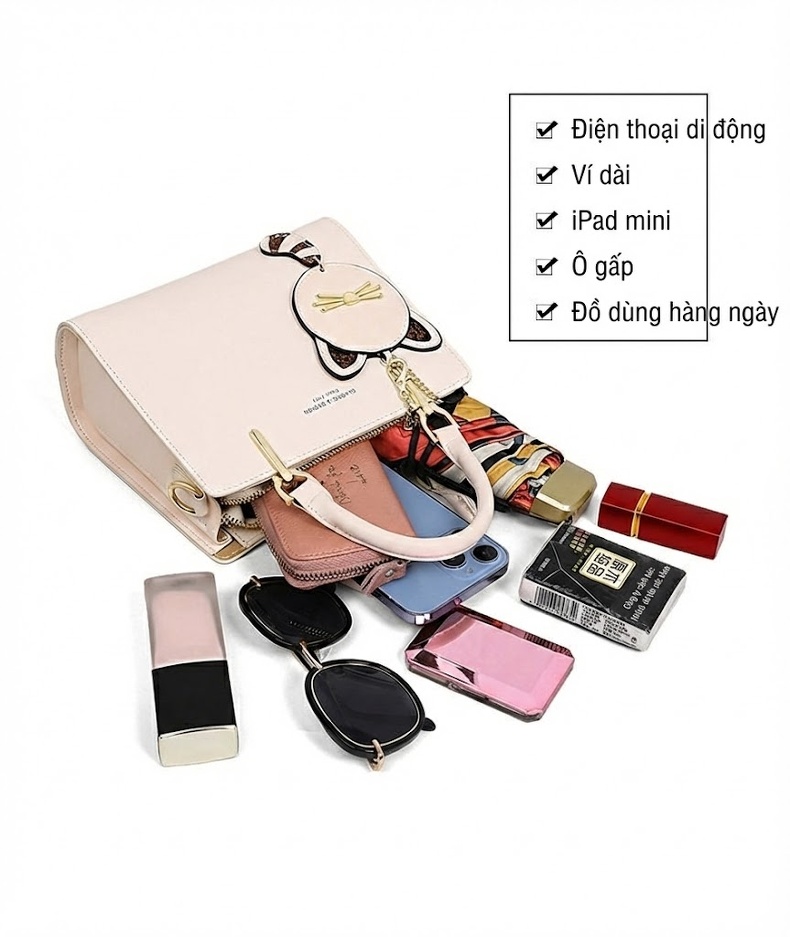 Túi Đeo Chéo Nữ Da Bóng Cao Cấp, Túi Xách Tay Mini Màu Trắng Kem chi tiết 8