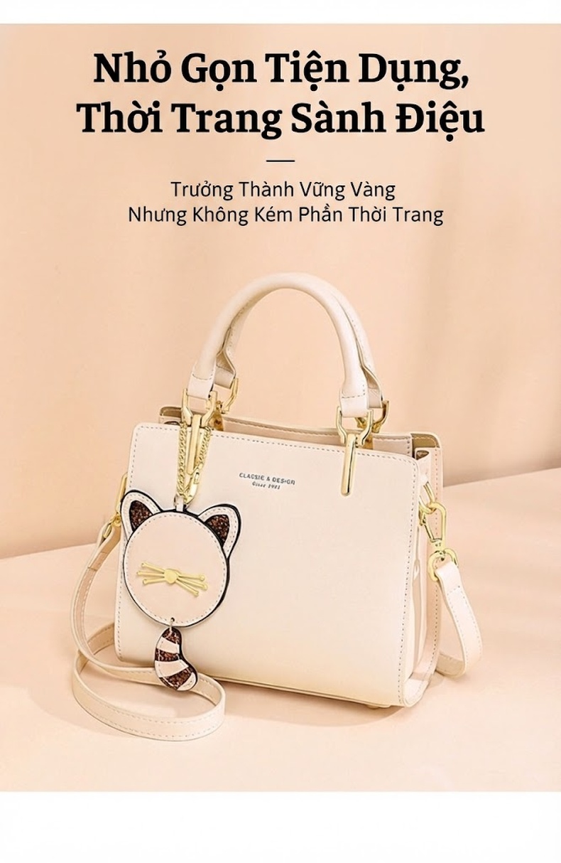 Túi Đeo Chéo Nữ Da Bóng Cao Cấp, Túi Xách Tay Mini Màu Trắng Kem chi tiết 1