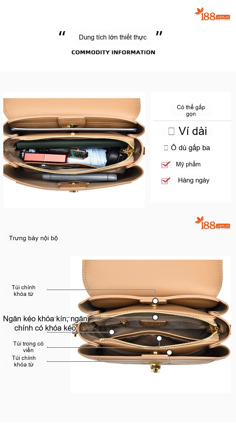 Túi Đeo Chéo Nữ Da Bóng Cỡ Lớn Quai Xách Tay Phong Cách Trung Niên Màu Đen, Nâu chi tiết 8