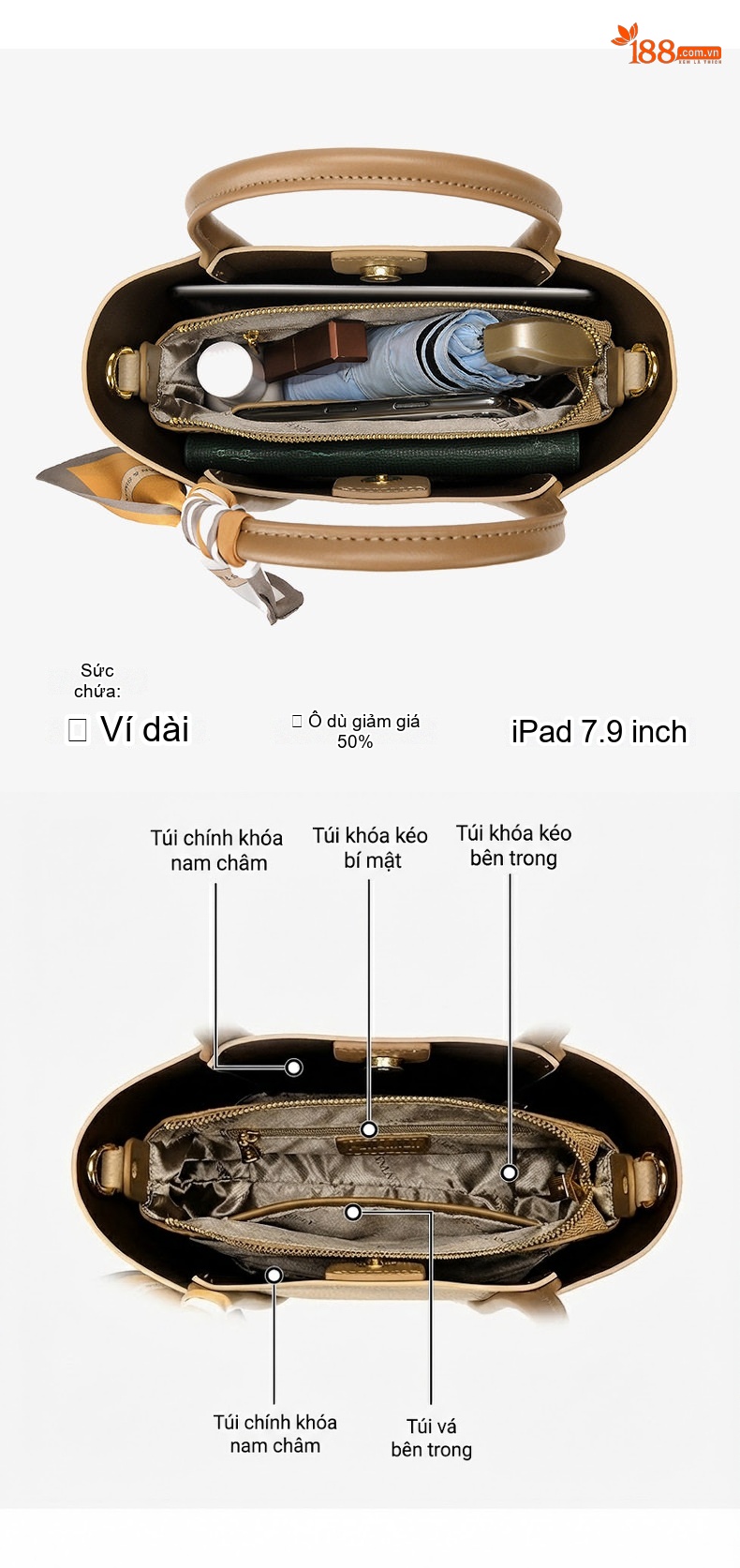 Túi Đeo Chéo Nữ Da Bóng Dáng Bucket Tote Mini Màu Be, Nâu chi tiết 3