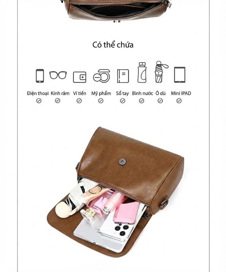 Túi Đeo Chéo Nữ Da Bóng Dáng Gối Ôm Phong Cách Vintage Màu Nâu chi tiết 6