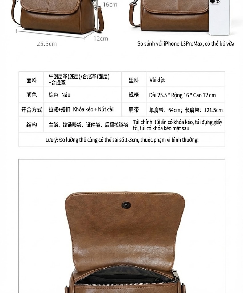 Túi Đeo Chéo Nữ Da Bóng Dáng Gối Ôm Phong Cách Vintage Màu Nâu chi tiết 5