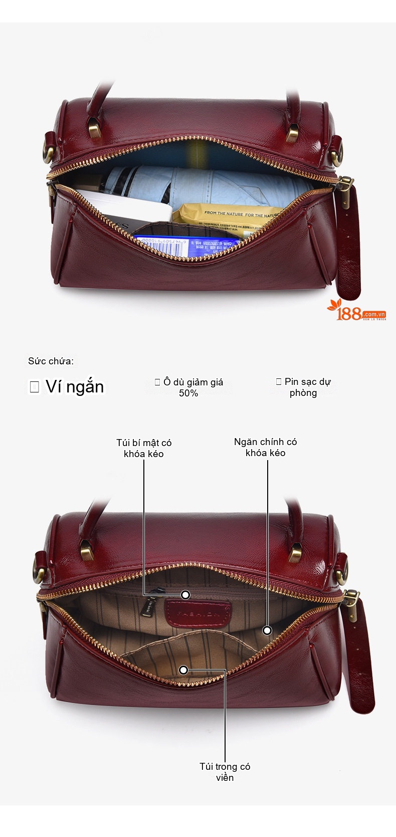 Túi Đeo Chéo Nữ Da Bóng Dáng Hộp Nhỏ Gọn Màu Đỏ Rượu Vang, Kem, Đen chi tiết 3