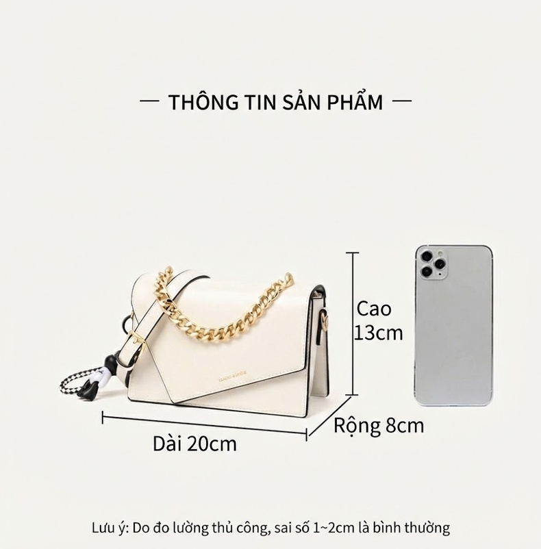 Túi Đeo Chéo Nữ Da Bóng Dáng Hộp Nhỏ Quai Xích Vàng Màu Trắng chi tiết 2