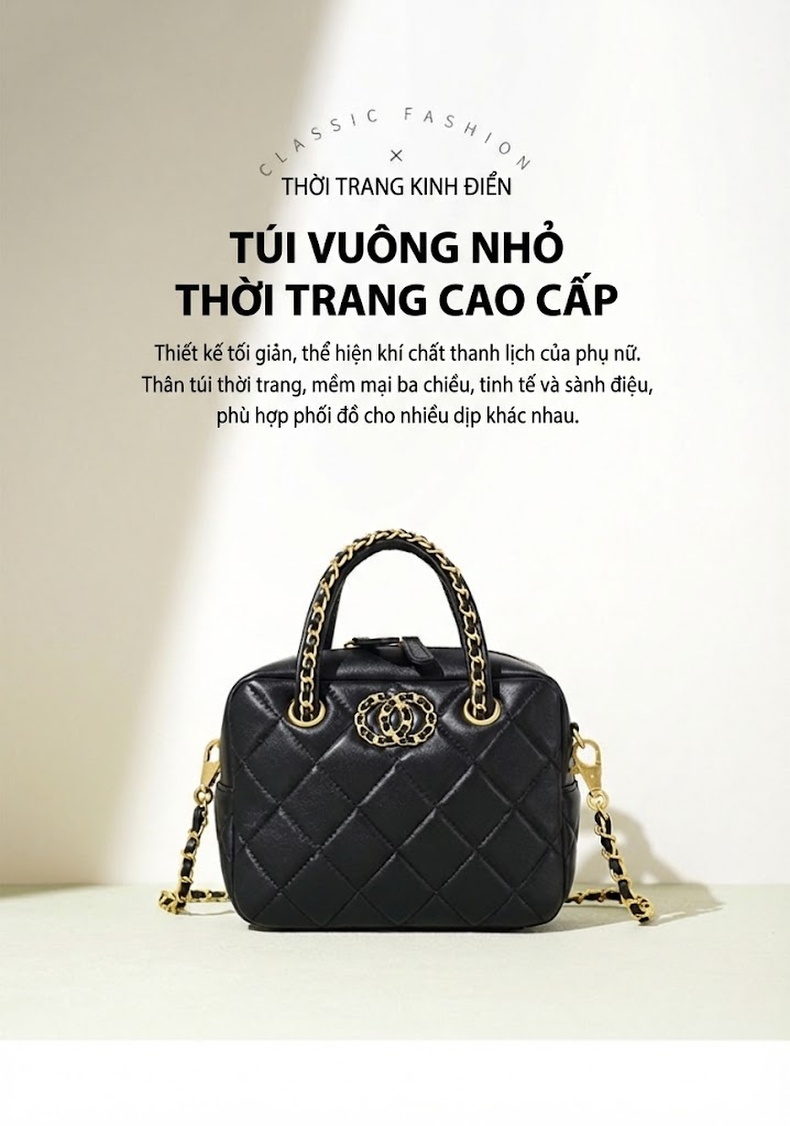 Túi Đeo Chéo Nữ Da Bóng Dáng Hộp Quai Xích Phong Cách Pháp Màu Đen chi tiết 1