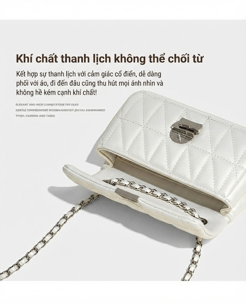 Túi Đeo Chéo Nữ Da Bóng Dáng Hộp Quai Xích Phong Cách Tiểu Thư Màu Trắng chi tiết 4