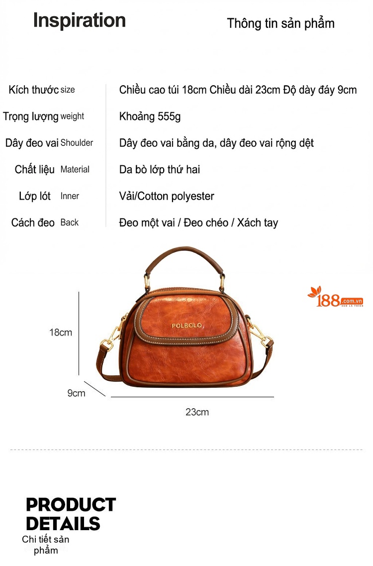 Túi Đeo Chéo Nữ Da Bóng Dáng Tròn Quai Xách Tay Thời Trang chi tiết 6