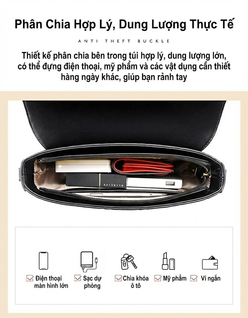 Túi Đeo Chéo Nữ Da Bóng Dáng Yên Ngựa Cao Cấp Thời Trang Màu Đen, Nâu chi tiết 9