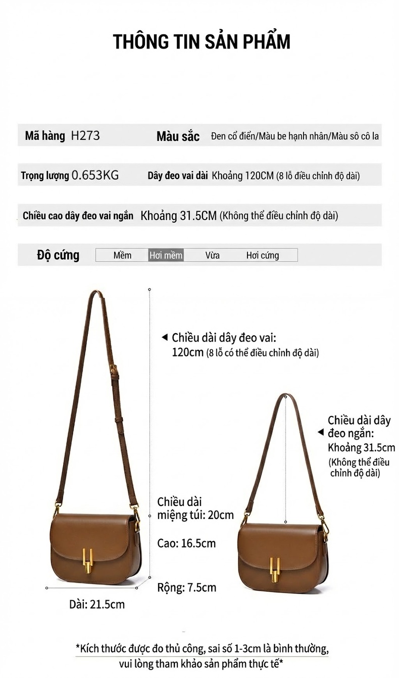 Túi Đeo Chéo Nữ Da Bóng Dáng Yên Ngựa Túi Đeo Vai Túi Kẹp Nách Màu Nâu, Đen, Trắng chi tiết 2