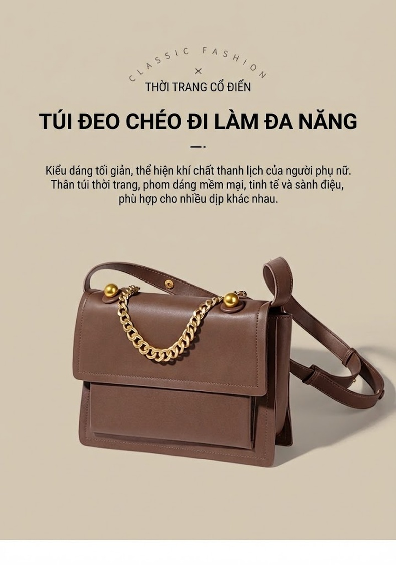 Túi Đeo Chéo Nữ Da Bóng Form Hộp Khóa Xích Phong Cách Tiểu Thư Màu Nâu chi tiết 1