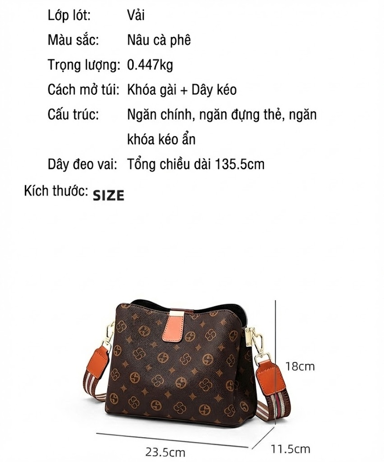 Túi Đeo Chéo Nữ Da Bóng Họa Tiết Vintage Dáng Bucket Lớn Màu Nâu chi tiết 3