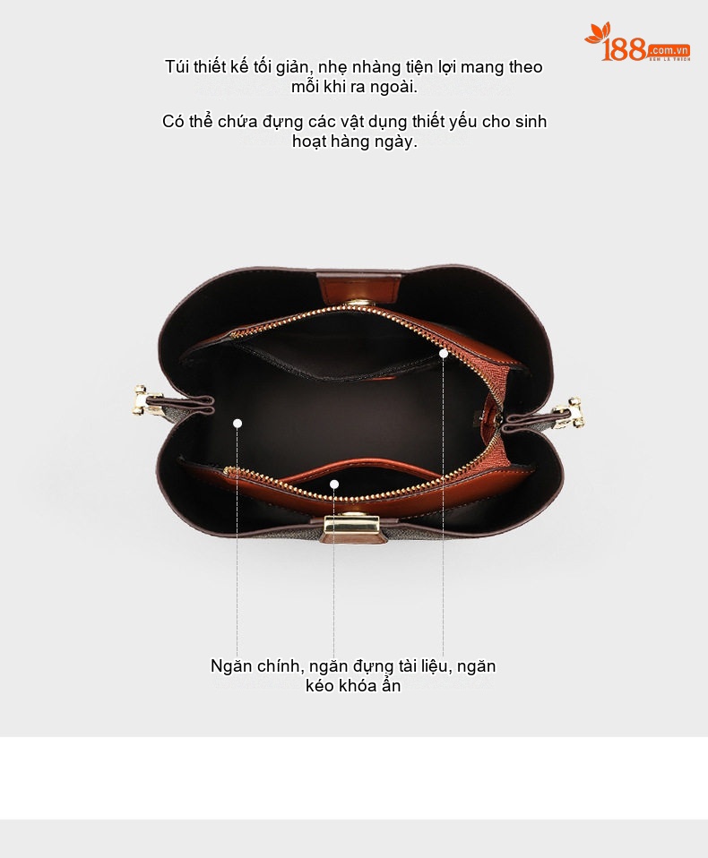 Túi Đeo Chéo Nữ Da Bóng Họa Tiết Vintage Dáng Bucket Lớn Màu Nâu chi tiết 6