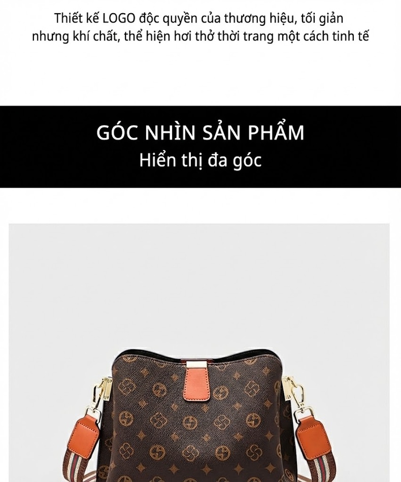 Túi Đeo Chéo Nữ Da Bóng Họa Tiết Vintage Dáng Bucket Lớn Màu Nâu chi tiết 11