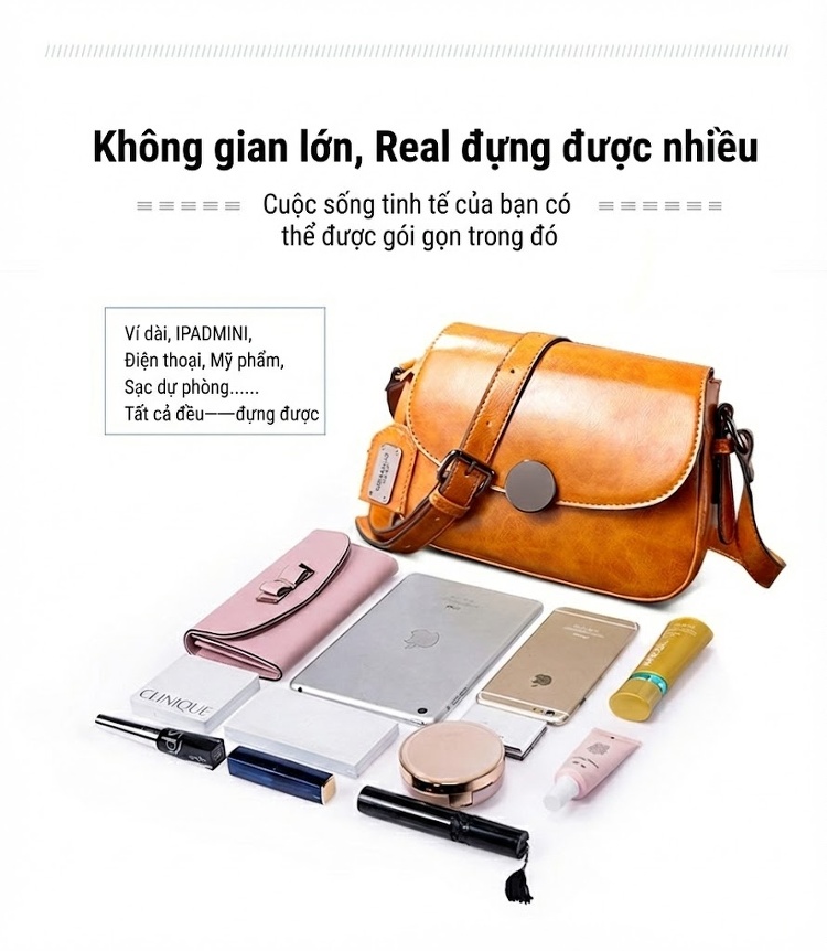 Túi Đeo Chéo Nữ Da Bóng Kiểu Dáng Cổ Điển Thanh Lịch Màu Nâu chi tiết 9