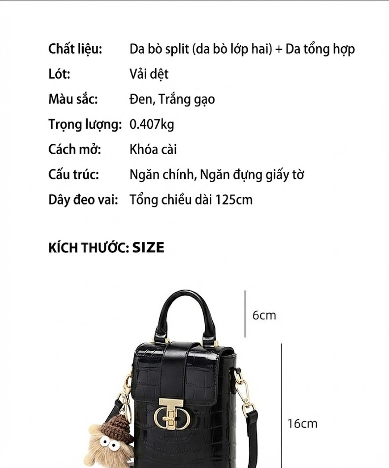 Túi Đeo Chéo Nữ Da Bóng Mini Kiểu Hộp Có Quai Xách Màu Đen, Trắng chi tiết 4