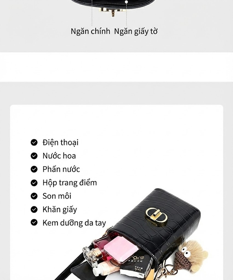 Túi Đeo Chéo Nữ Da Bóng Mini Kiểu Hộp Có Quai Xách Màu Đen, Trắng chi tiết 9