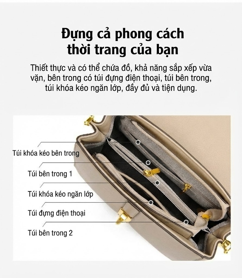 Túi Đeo Chéo Nữ Da Bóng Phom Vuông Thời Trang Công Sở Màu Be, Đen, Nâu chi tiết 8