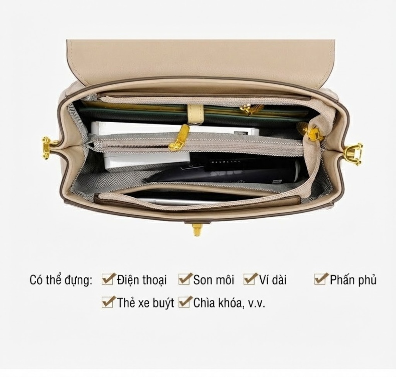 Túi Đeo Chéo Nữ Da Bóng Phom Vuông Thời Trang Công Sở Màu Be, Đen, Nâu chi tiết 9